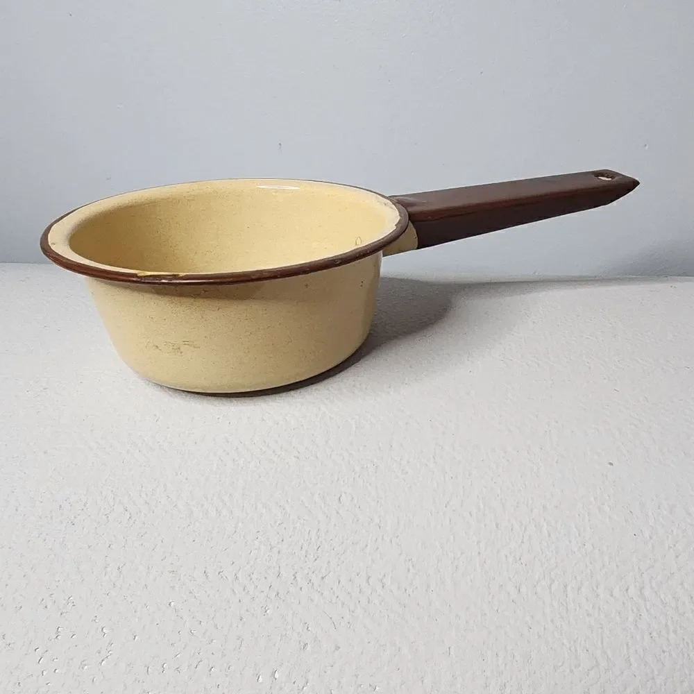 Vintage Little Saucepan Enamelware Tan with Brown Trim & Handle 5